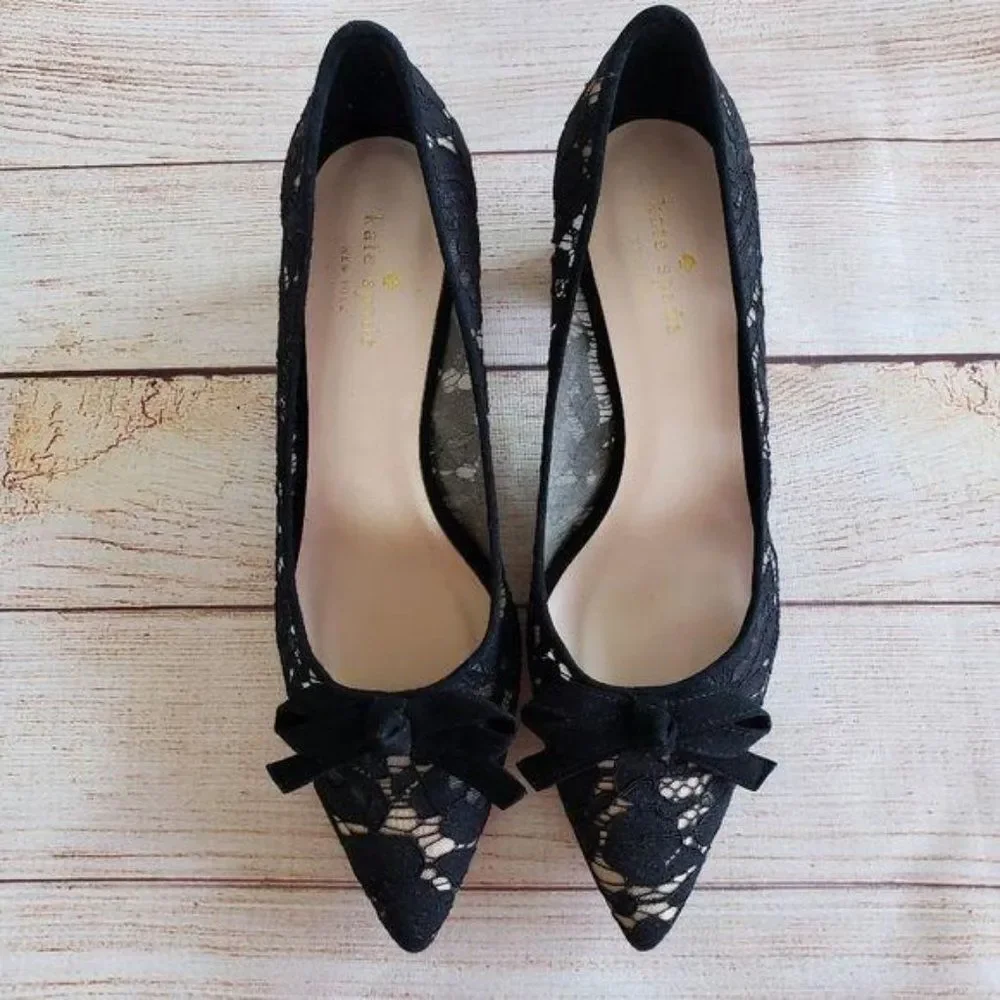 Kate Spade Lace Leather & Suede Pointy Toe Block Heel Shoes Black Size 8